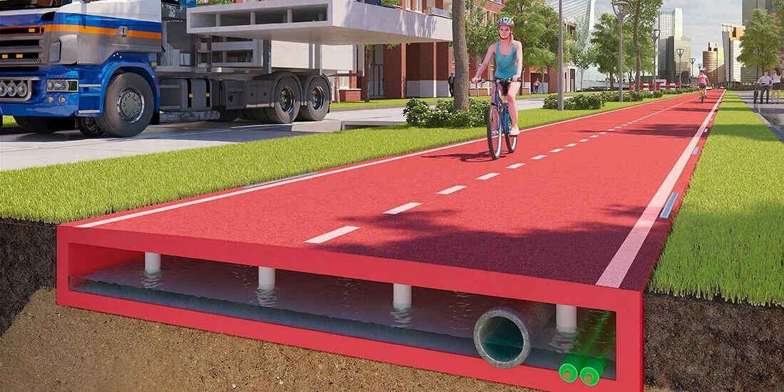 Rendering of a person riding a bicycle on a PlasticRoad
