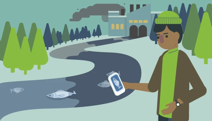 Illustration of a person looking at dead fish in a stream polluted by a factory