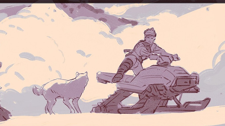 A person riding a snowmobile in a snowy landscape with a wolf standing nearby.