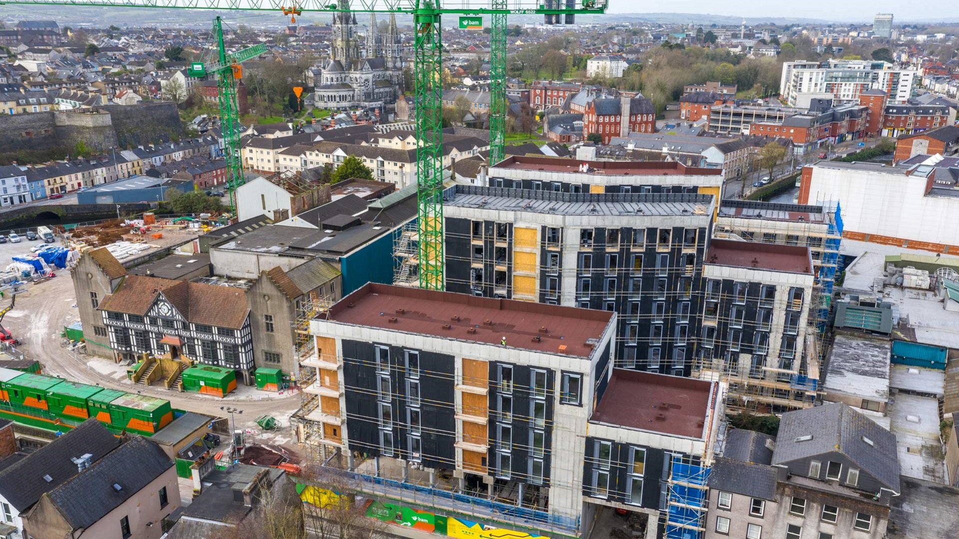 Aerial view of BAM Ireland's Brewery Quarter project in Cork under construction.