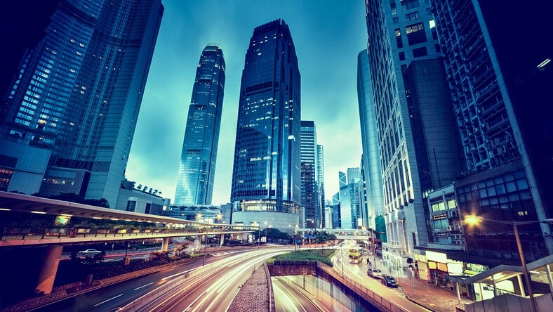 Evening view of Hong Kong skyline and freeway