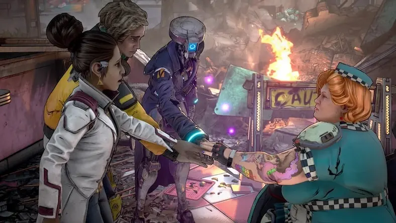 Toon shading still of characters from New Tales of the Borderlands