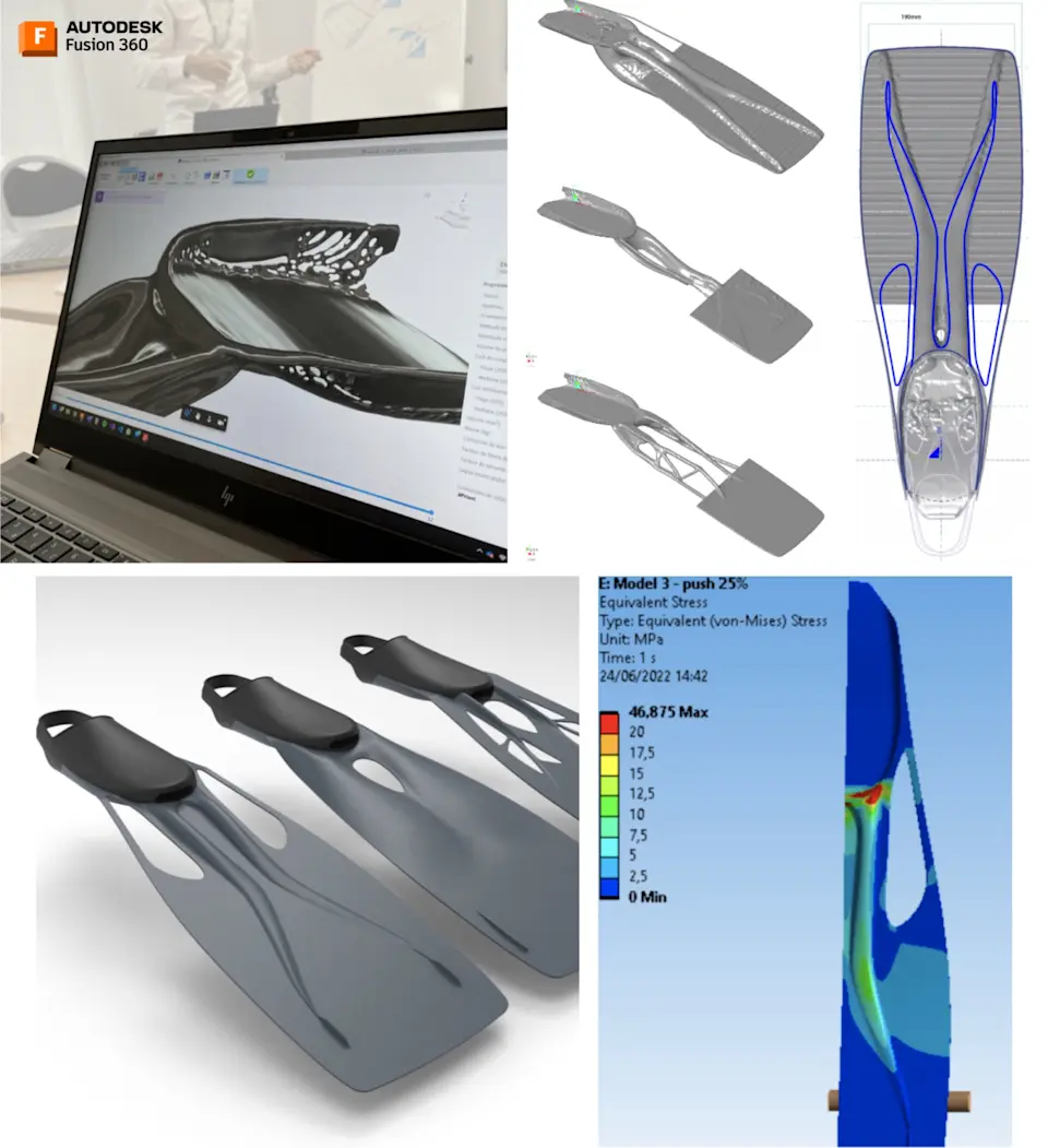 Decathlon diving fin collage of design renderings in Autodesk Fusion