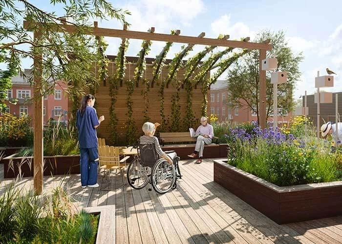 Exterior terrace rendering of the Bromma Sjukhus hospital project.