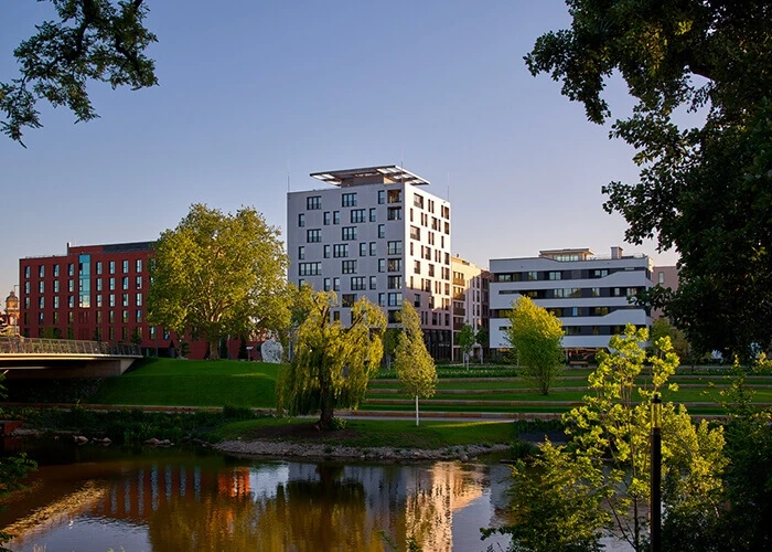 A photograph of Skaio, a wooden high-rise in Heilbronn, southwestern Germany