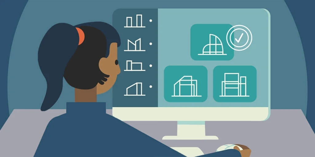 Illustration of a person looking at a computer screen with various iterations of a design.