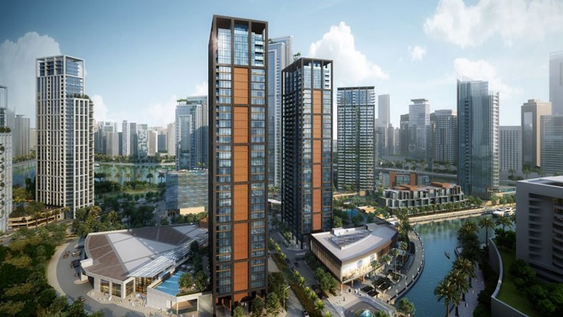 Modern high-rise towers by a waterfront