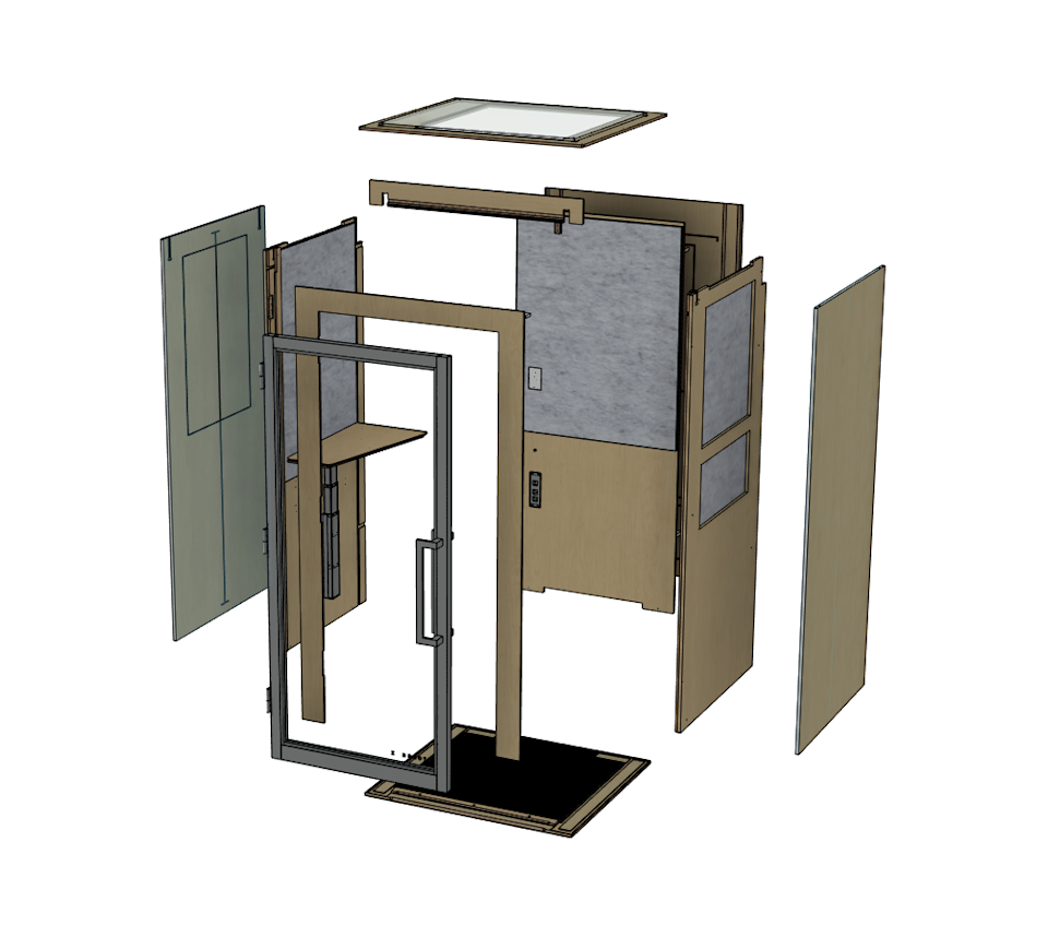 Exploded view of Zenbooth privacy pod CAD assembly using Autodesk Fusion.