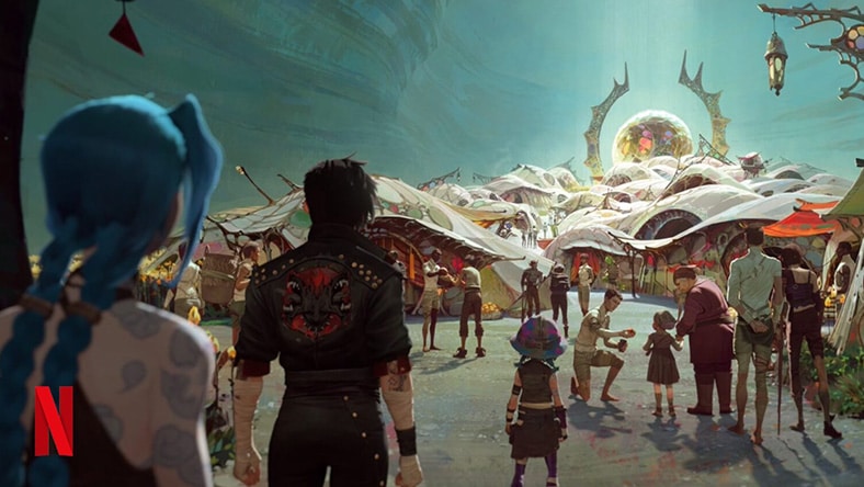 The setting features a mix of fantasy and sci-fi elements, with people interacting and exploring the area.