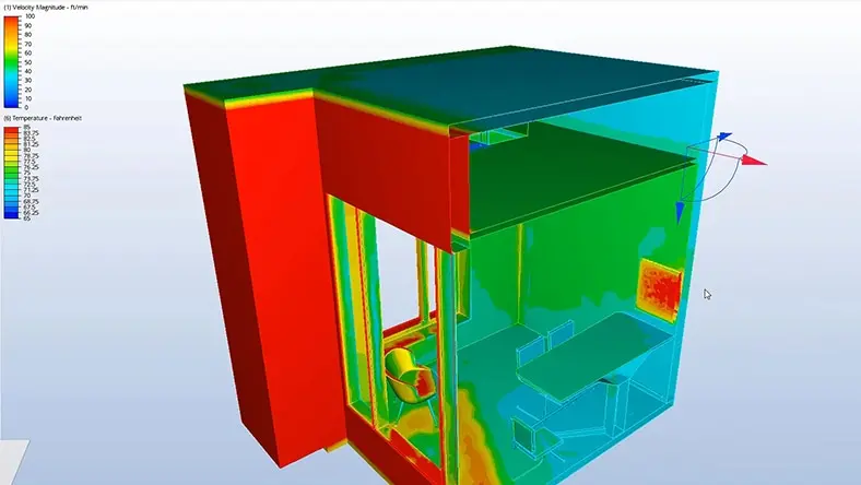 A computer software screen shows an office design, highlighting temperature zones.