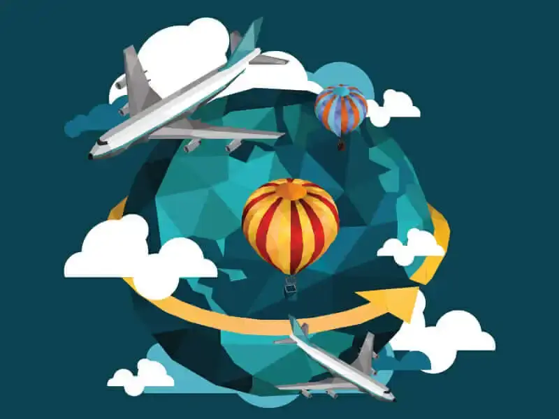 Illustration of globe with planes and hot air balloons