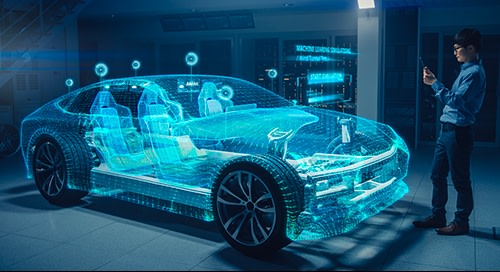 Stylized rendering of a vehicle showing the interior as a digital overlay