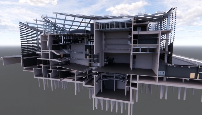 서브 센터 극장의 복잡한 구조를 구현하는 데 3D 모델 사용은 필수적이었다. 