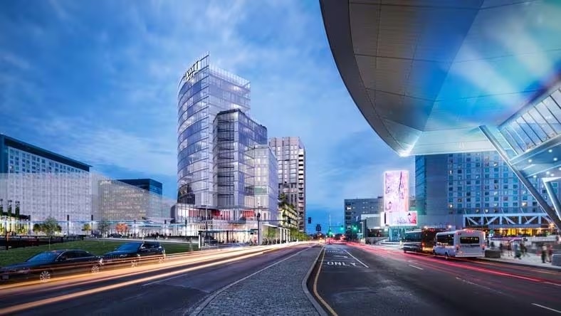 3D visualization of a city street.