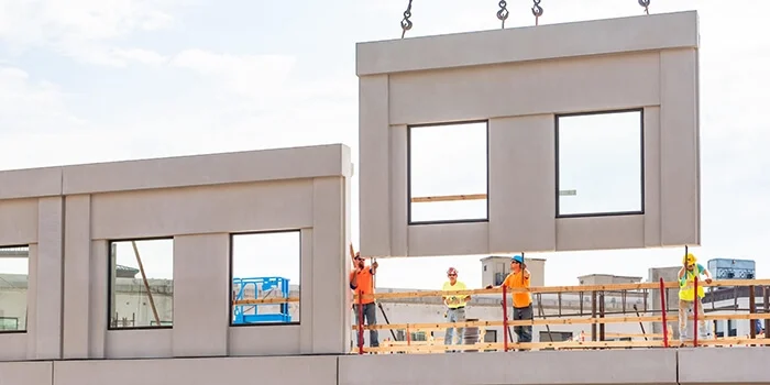 A crew installs precast concrete exterior panels