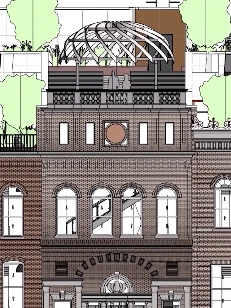 A detailed architectural elevation drawing of a multi-story brick building with arched windows and a rooftop structure