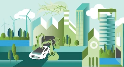 Illustration suggesting sustainability, showing windmills, robotic arms constructing cars, plants growing out of buildings