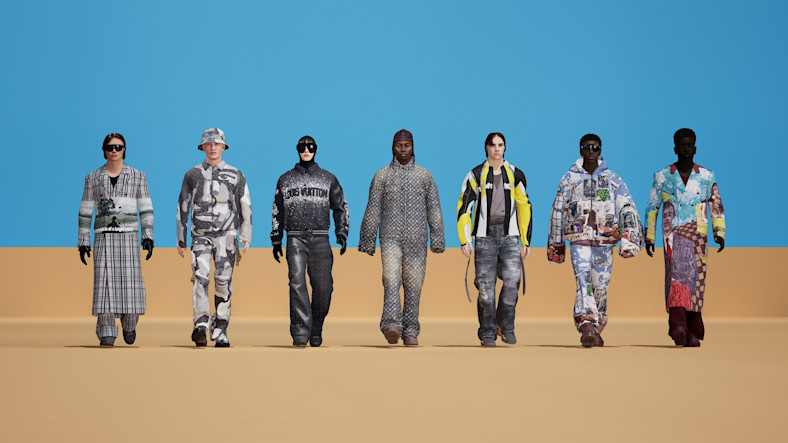 Seven avatars representing diverse models in trendy clothing walk across the desert. 