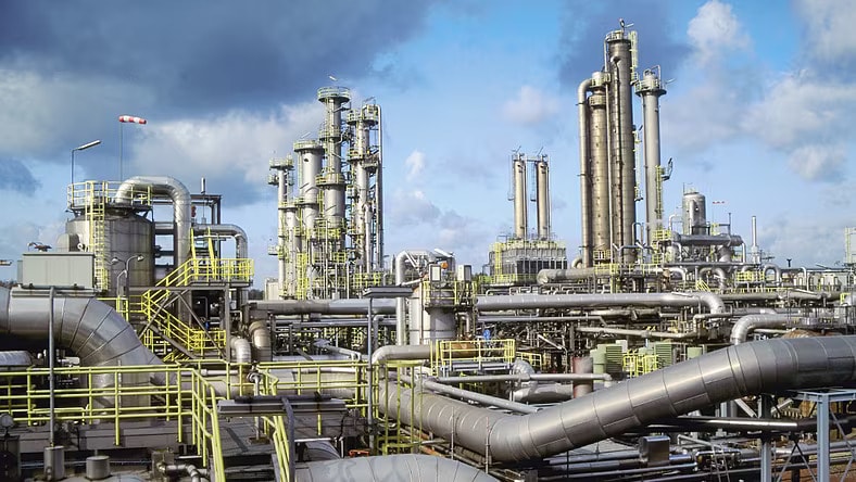 Natural gas plant showing piping distillation towers