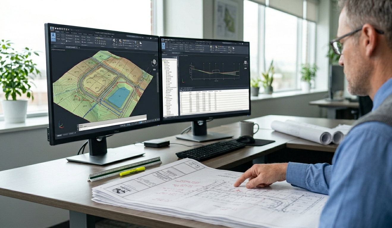 An engineer reviewing a dense, multi-sheet civil plan set