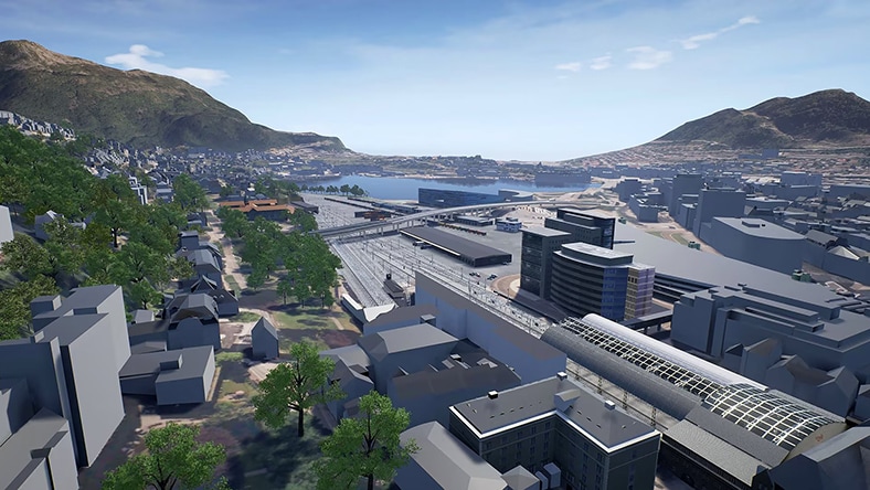 Rendering of Bergen Station, the terminus of Norway's Bergen Line.