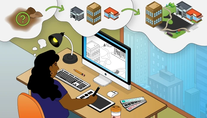 illustration of an architect figuring out the next steps for the design of an office building