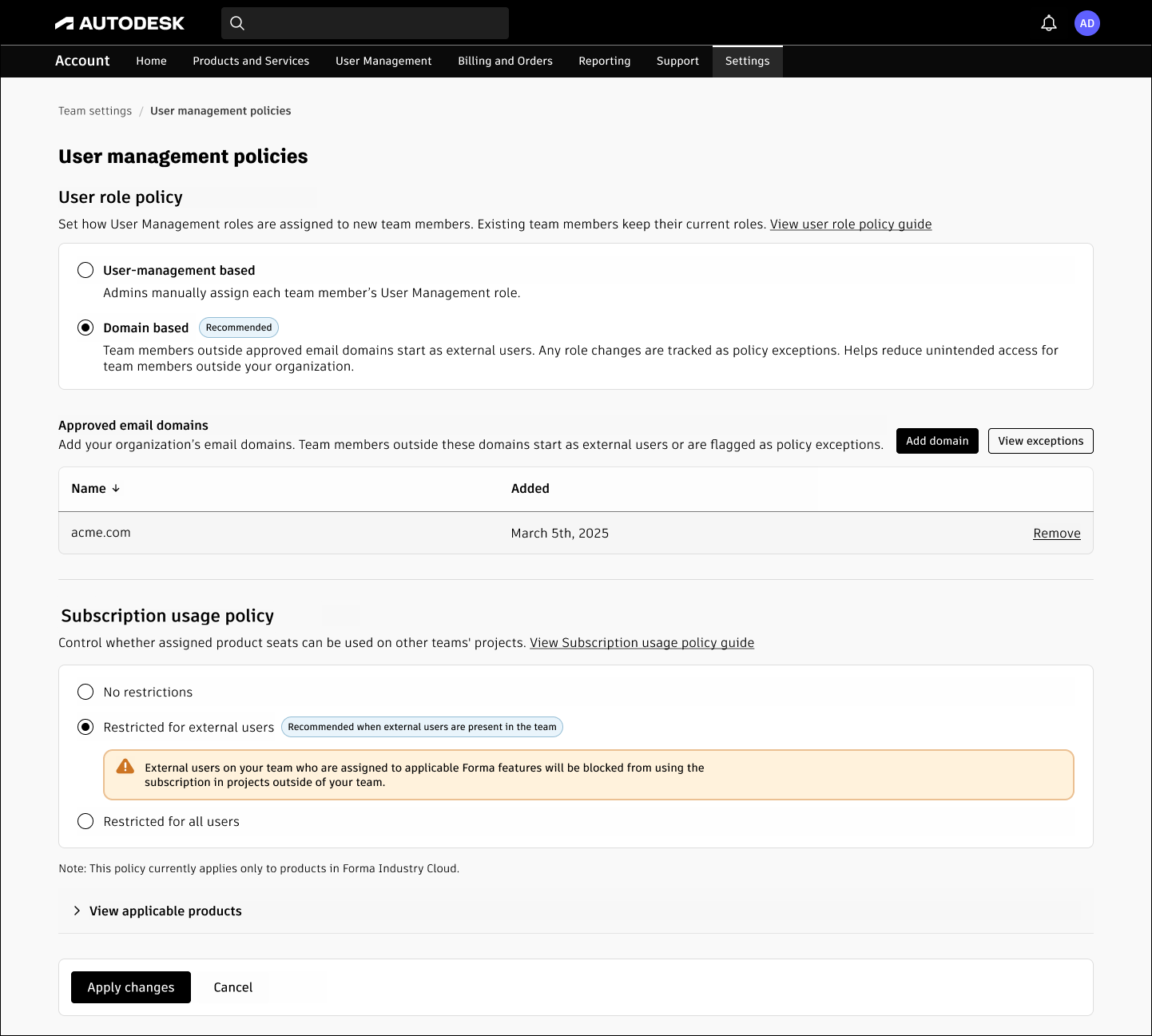 Team settings with user role and subscription usage policies.