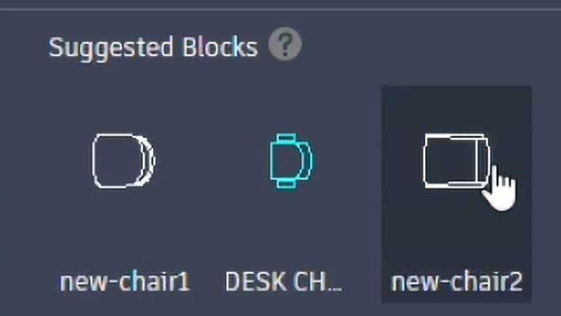 Suggested Blocks menu showing three chair icons with a cursor hovering on new-chair2.
