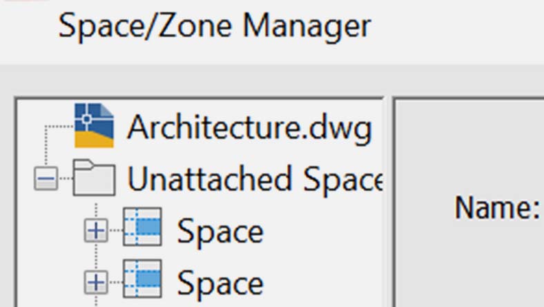 Screenshot of Space/Zone Manager in CAD software showing "Architecture.dwg" with two unattached spaces labeled "Space."
