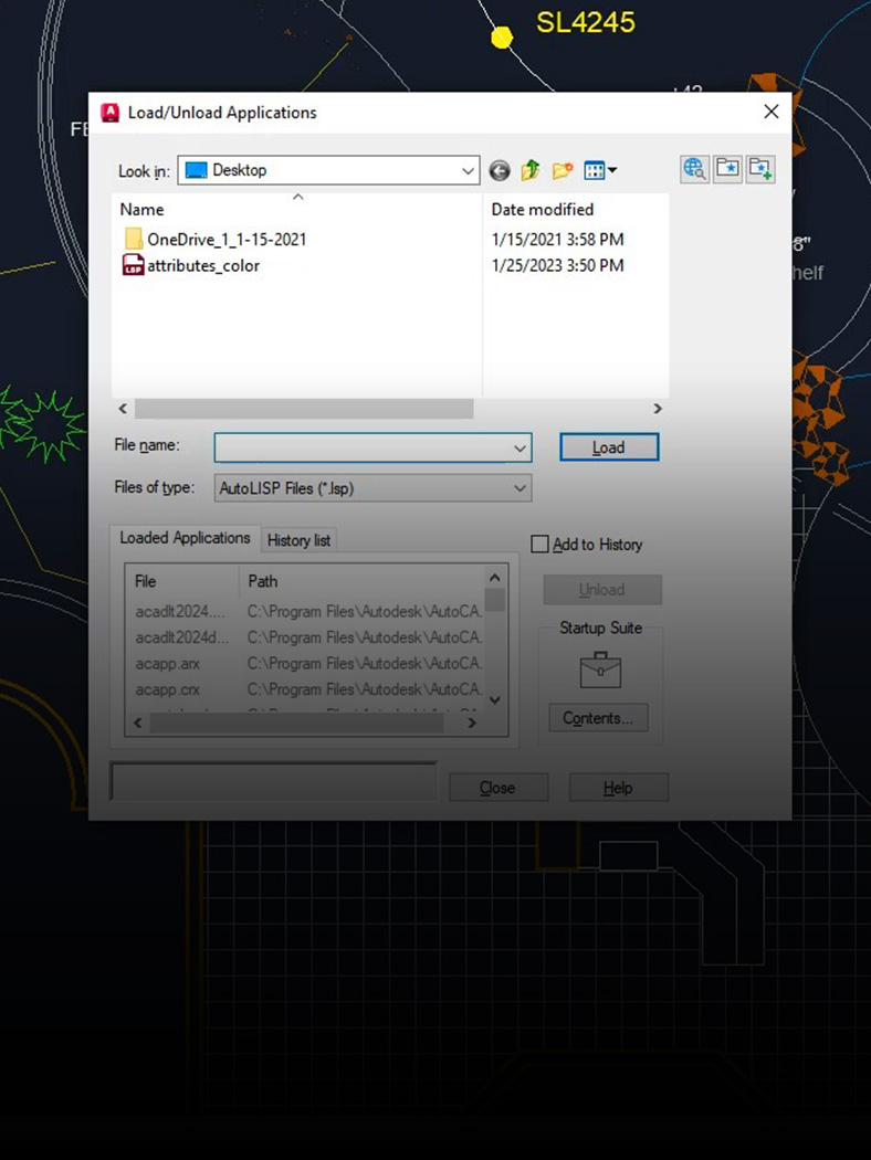 AutoCAD Load/Unload Applications window with a .lsp file named attributes_color selected on the desktop.