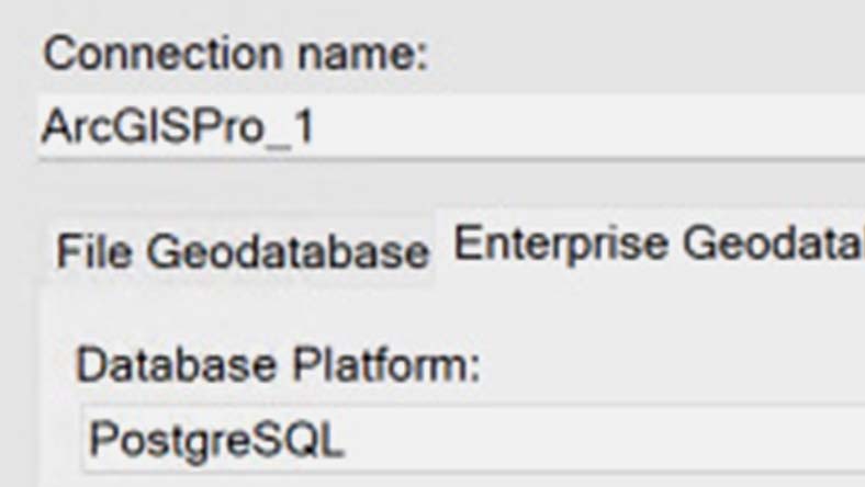 Database connection in ArcGIS Pro with PostgreSQL as the database platform and Enterprise Geodatabase selected.