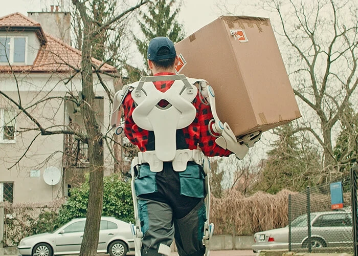Wie verändert sich Arbeit durch KI und Automatisierung: Hier dient ein Exoskelett dem Boten als Kraftstütze beim Paketaustragen.