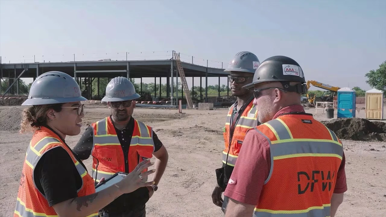 Construction team in safety vests and hard hats review plans and discuss work at an active building site.