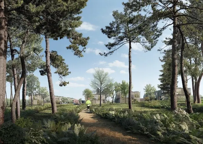 man walking through affordable housing complex