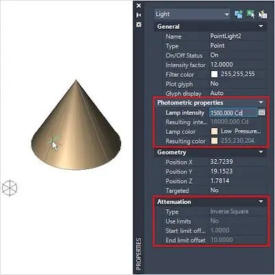 A photometric point light with the photometric properties outlined on the Properties palette in AutoCAD.