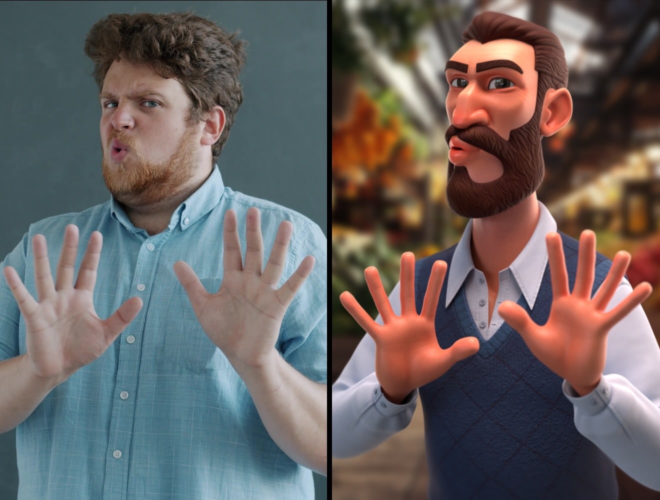 A composite image shows a human actor on the left making a facial expression and hand gestures that are mimicked by an animated character on the right.