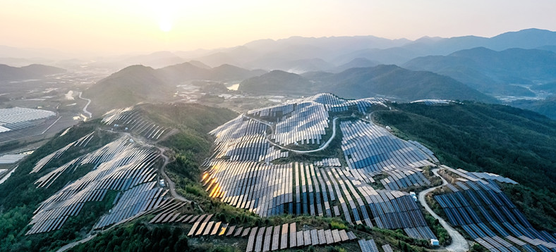 Aerial view of solar panels on hillside