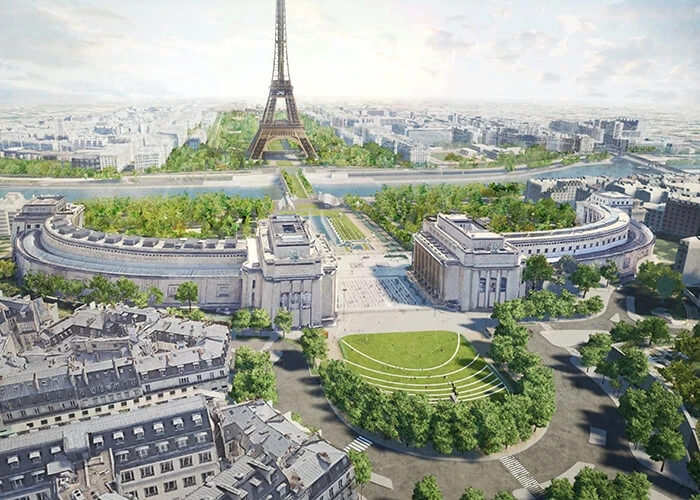 The OnE project by Gustafson Porter + Bowman will restore greenery to the axis between the Trocadéro, in the foreground, and the Military Academy, in the background