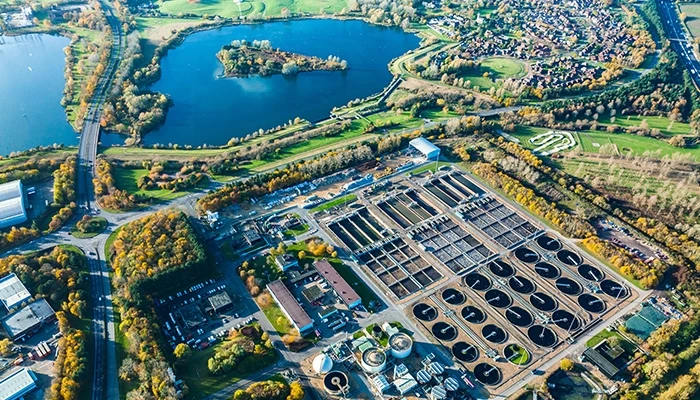An overhead view of a water treatment plant