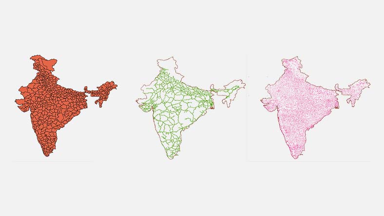 Three maps of India showing administrative boundaries, road networks, and population density with distinct color-coded visuals.