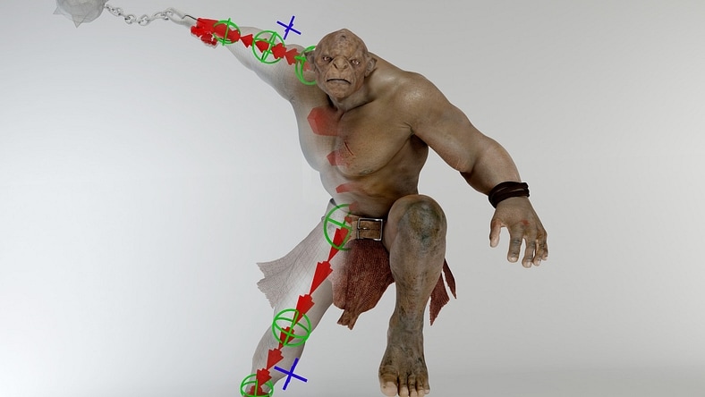 3D rendering of an orc/troll character showing a layered rendering including wireframe, rig and rendered skin.