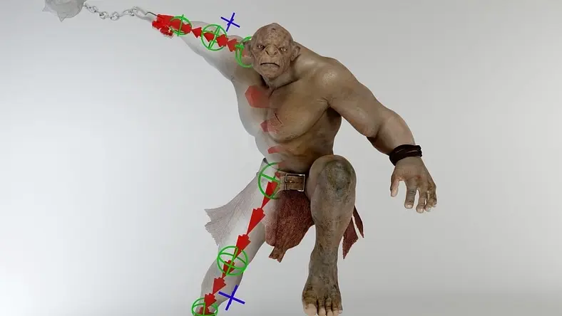 3D rendering of an orc/troll character showing a layered rendering including wireframe, rig and rendered skin.