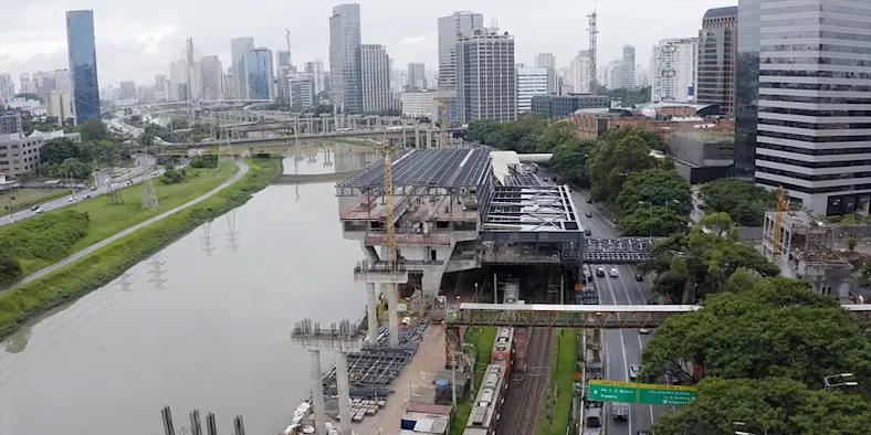Aerial view of construction along the river in São Paulo, Brazil