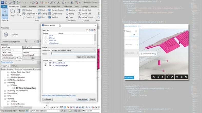 A computer screen has cascading application windows with data fields and renderings of building elements in them.