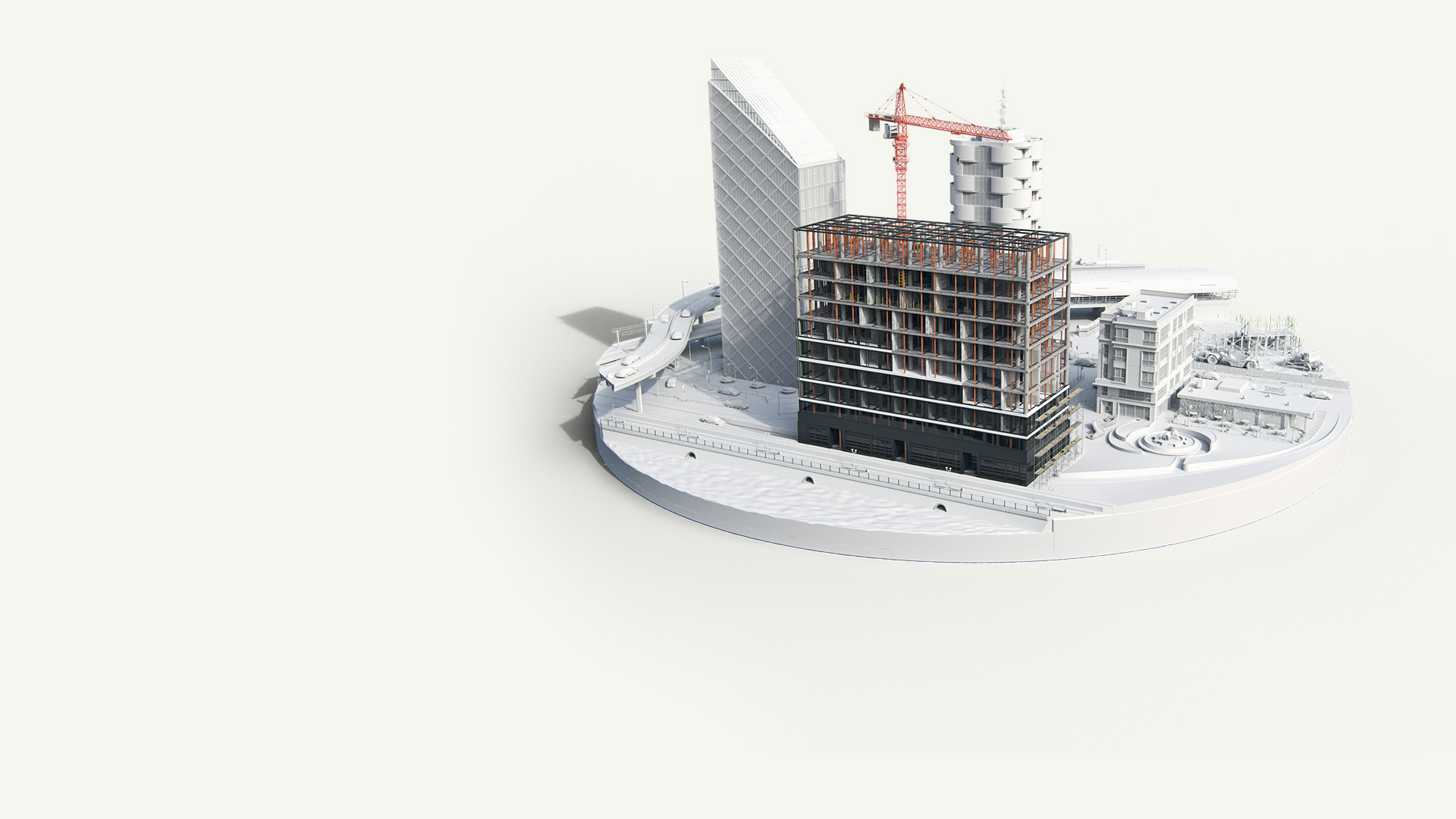 Construction phase model of a multi-story building with framework, crane, and site elements visible.