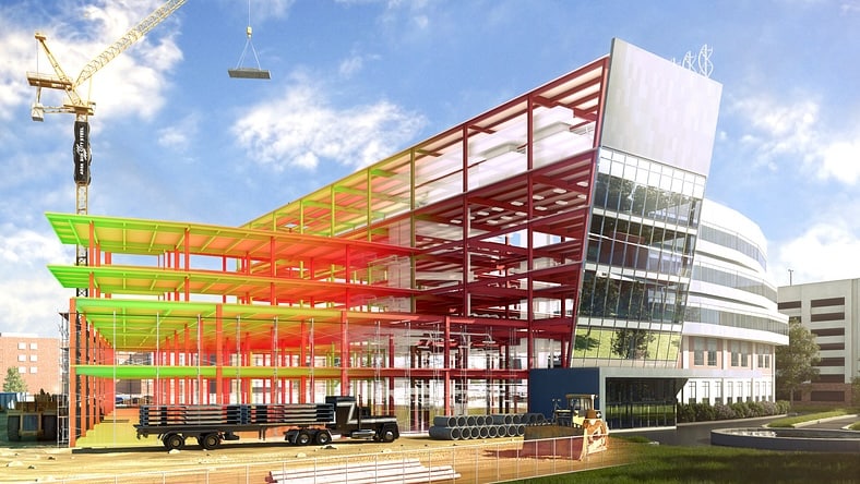 Rendering of the BIM City Westside Hospital data set illustrating a structural view