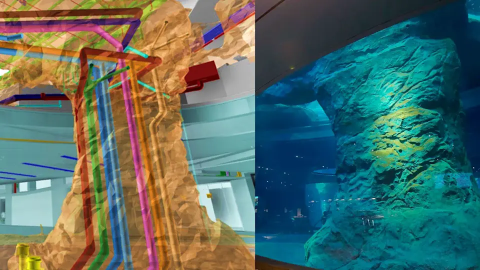 Split image of digital twin showing MEP systems (left) for underwater rockwork structures (right) at Bird Paradise Singapore 