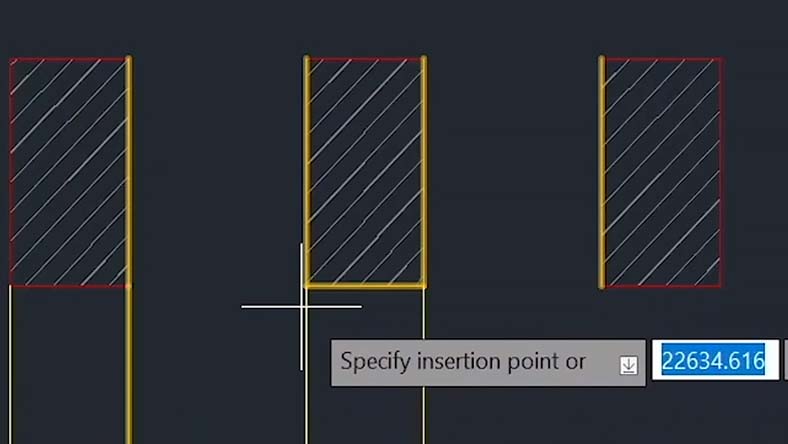 AutoCAD interface showing a user specifying an insertion point for a hatched rectangular object with highlighted edges.