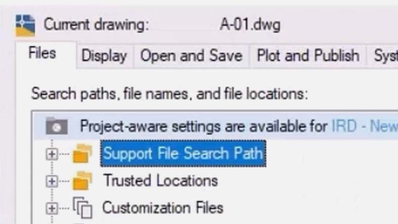 Project settings in AutoCAD showing support file search paths.
