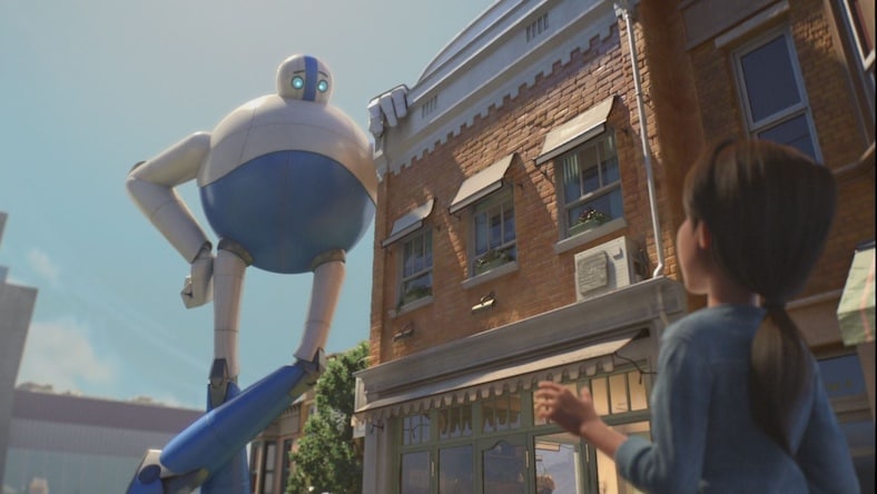 Scene from a Passion Pictures animation showing a large robot looking down on a woman